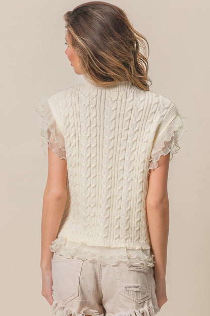 Pleat Chiffon Edge Cable Knit Top