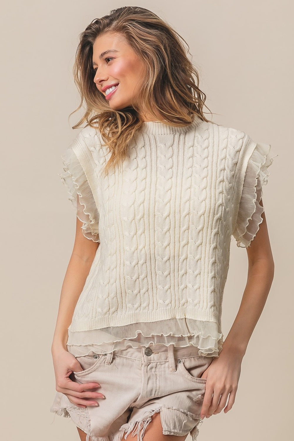 Pleat Chiffon Edge Cable Knit Top