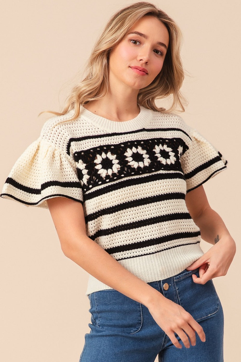 BiBi Square Short Sleeve Striped Sweater