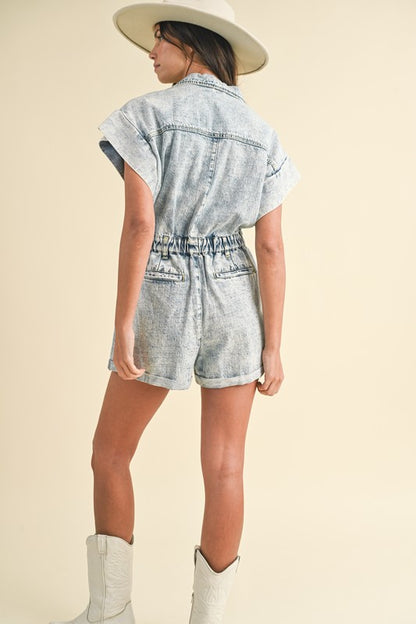 Annie Wear Elastic Waistband Short Sleeve Denim Romper