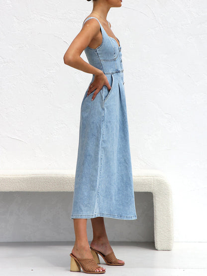 MeiMei Sweetheart Neck Wide Strap Denim Dress