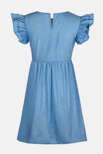 Full Size Ruffled Round Neck Cap Sleeve Denim Dress