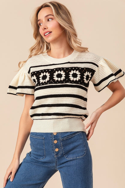 BiBi Square Short Sleeve Striped Sweater