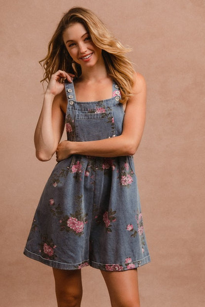 BiBi Flower Printed Wide Strap Denim Overalls