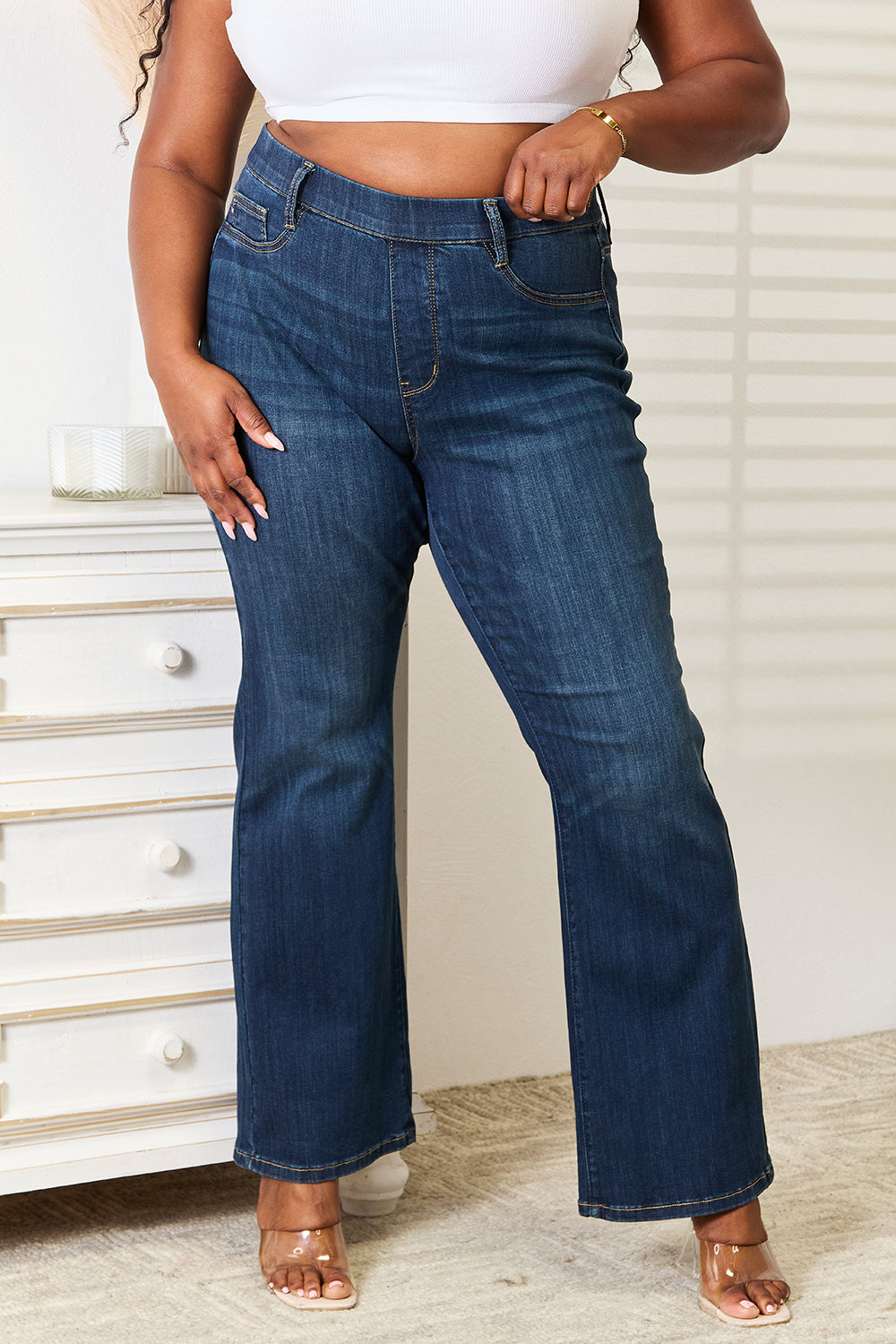 Elastic Waistband Slim Bootcut Jeans