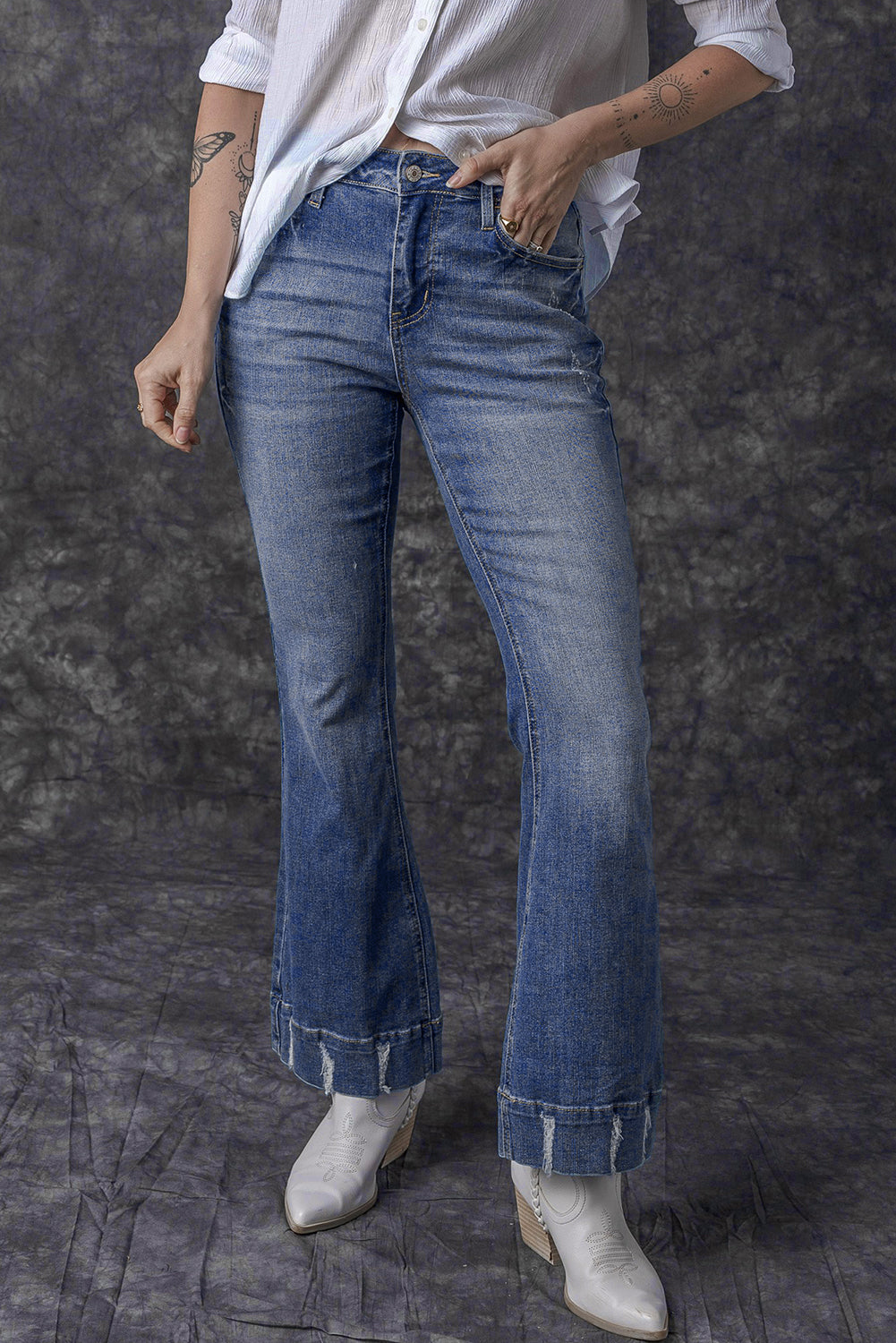 Sky Blue Slight Distressed Medium Wash Flare Jeans