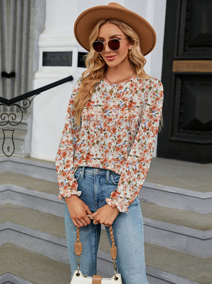 Printed Round Neck Flounce Sleeve Blouse