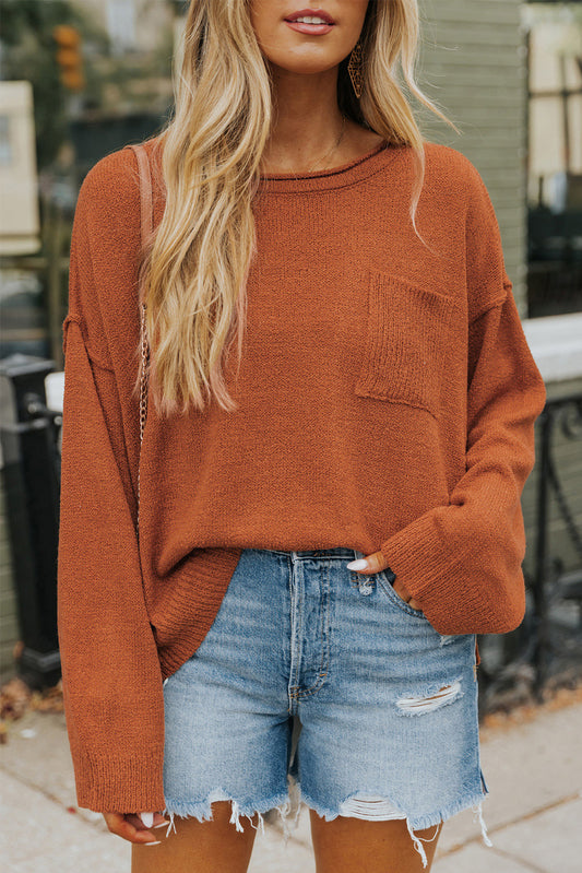 Exposed Seam Round Neck Knit Top