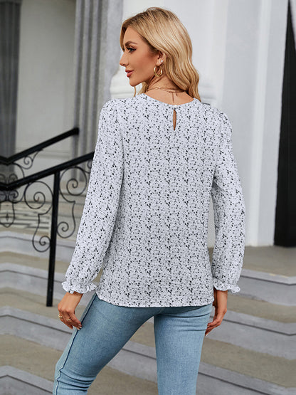 Printed Round Neck Flounce Sleeve Blouse