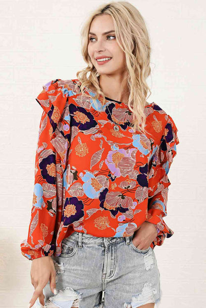 Floral Print Ruffle Puff Sleeve Blouse