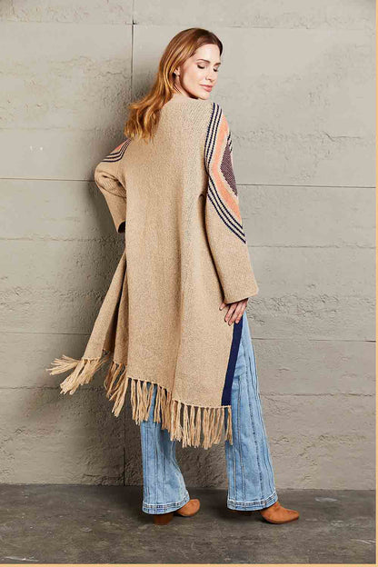 Double Take Geometric Fringe Hem Open Front Duster Cardigan