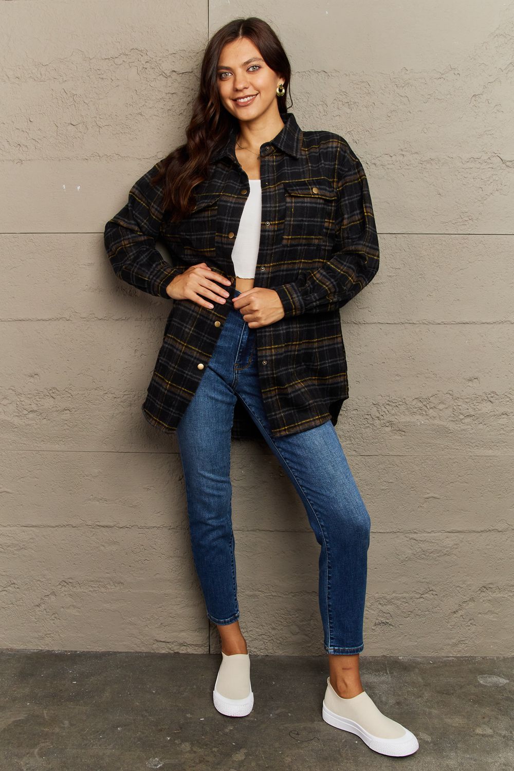 Ninexis Full Size Plaid Collared Neck Button-Down Long Sleeve Jacket