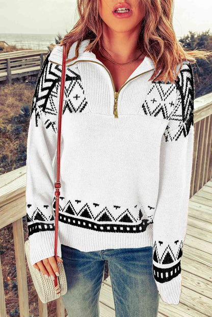 Zip-Up Mock Neck Dropped Shoulder Sweater