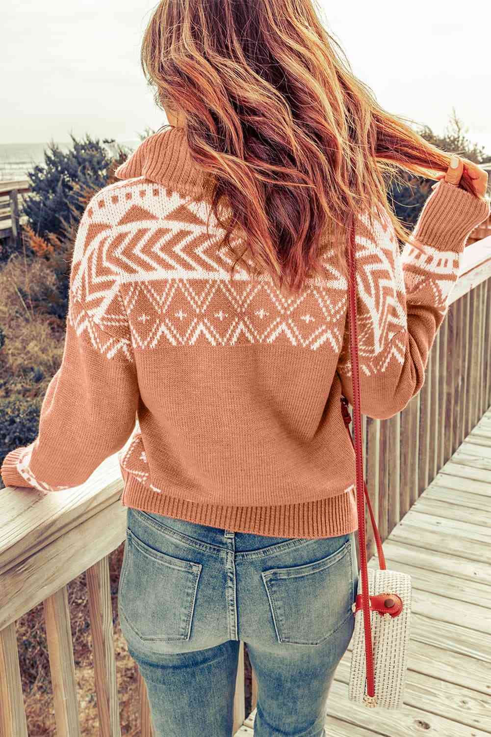 Zip-Up Mock Neck Dropped Shoulder Sweater