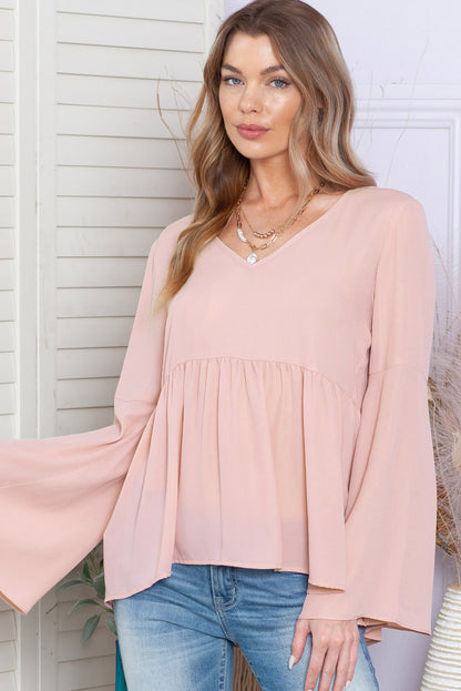 V-Neck Flare Sleeve Blouse