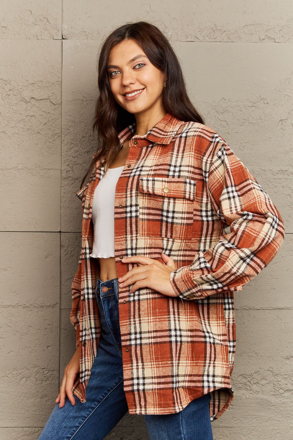 Ninexis Full Size Plaid Collared Neck Button-Down Long Sleeve Jacket