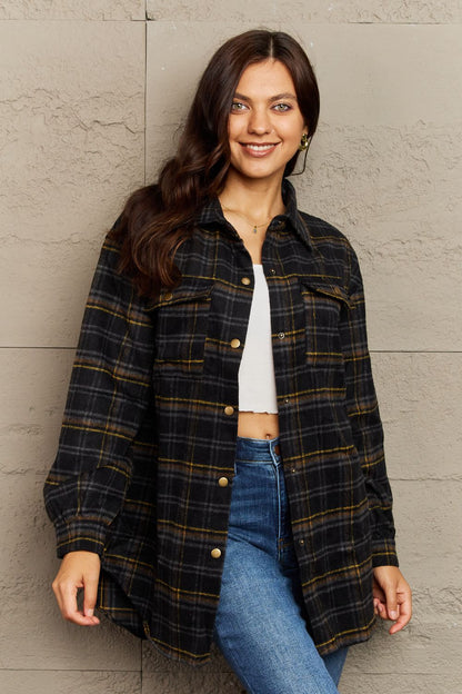 Ninexis Full Size Plaid Collared Neck Button-Down Long Sleeve Jacket