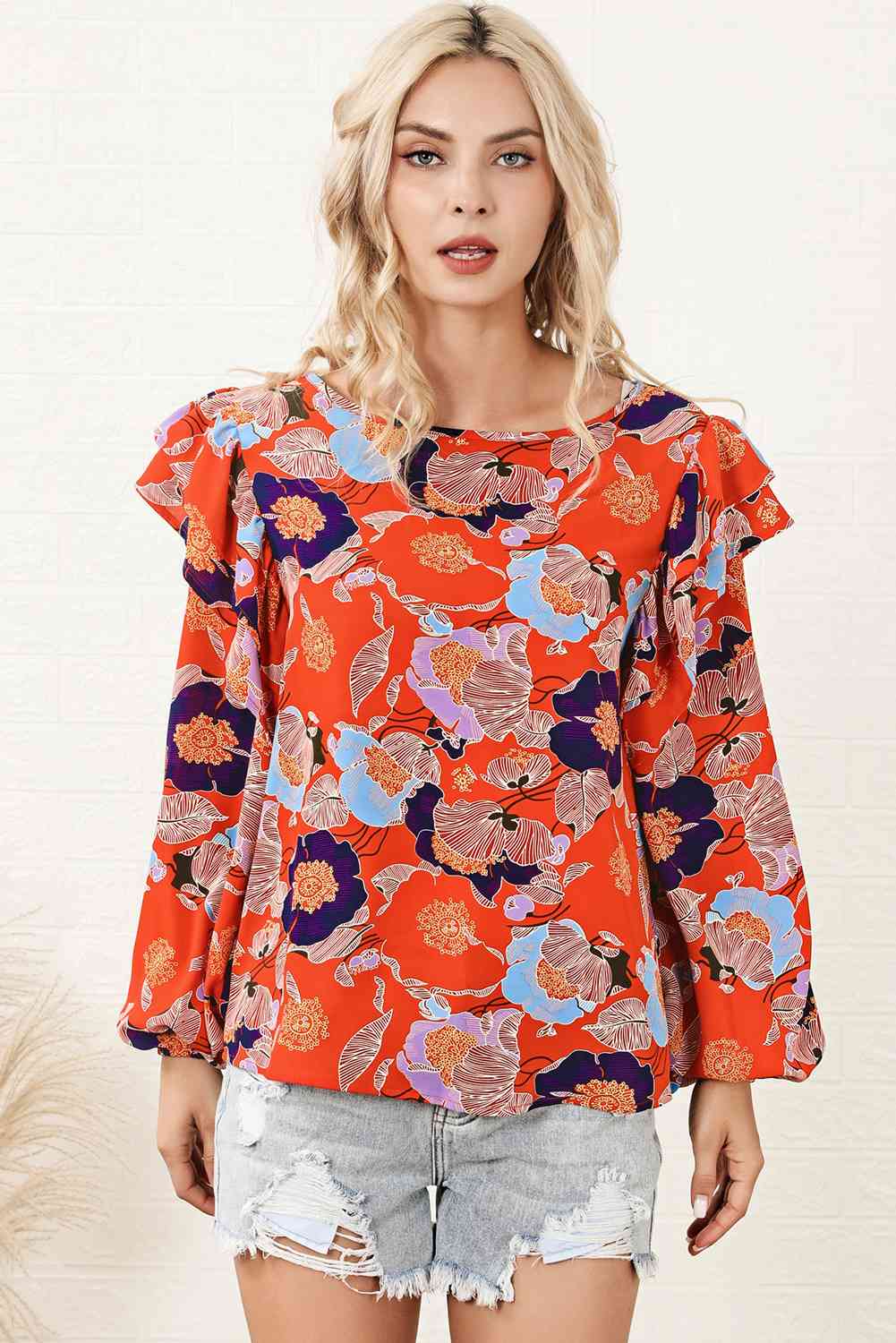 Floral Print Ruffle Puff Sleeve Blouse